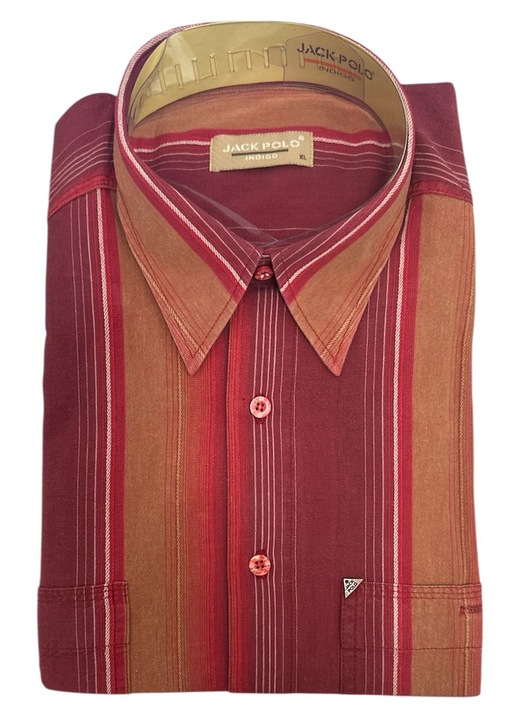Férfi ing, indigókék, csíkos, piros és barna színekben, hosszú ujjú, pamut-poliészter, XL méret