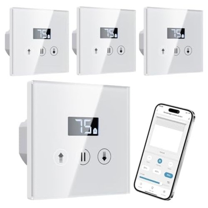 Comutator inteligent pentru obloane cu functie procentuala, comutator pentru jaluzele cu ecran LCD, necesita fir neutru, compatibil cu Alexa/Google Assistant 4 bucati