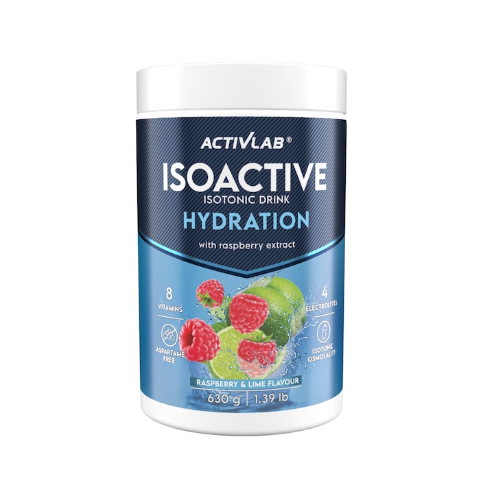 Activlab Bautura izotonica pudra ISOACTIVE 630 g, electroliti si vitamine B pentru sportivi, hidratare si energie in timpul antrenamentului, aroma Zmeura-Lamaie