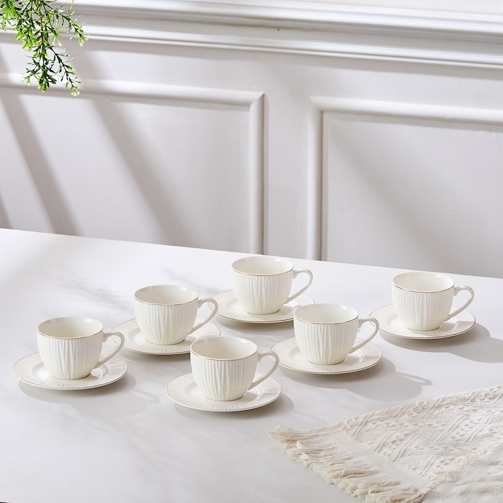 Set Serviciu cafea "SOARE" 12 Piese, Portelan Premium Alb, Textura Linii in Relief - 200 ml