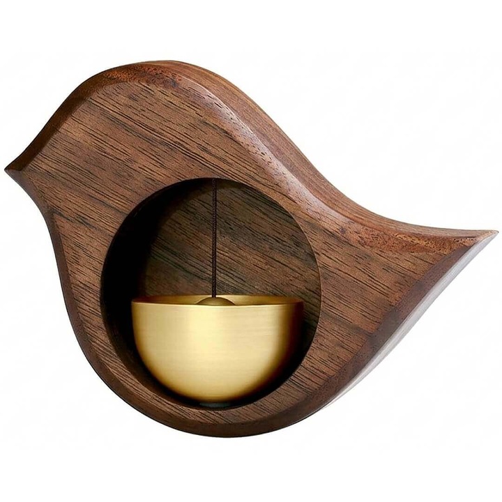 Clopotel de vant forma de pasare VIVARYON sonerie eoliana magnetica de usa, frigider, birou sau exterior, din lemn de nuc si alama, Sunet zen, bland, discret si placut, Montare magnetica sau adeziv