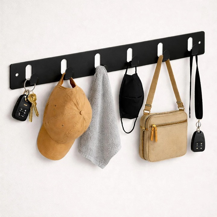 Cuier Metalic Perete Shopiens Negru 6 Carlige 30x5cm Suport Haine Prosoape Organizator Hol Baie Montaj cu Suruburi