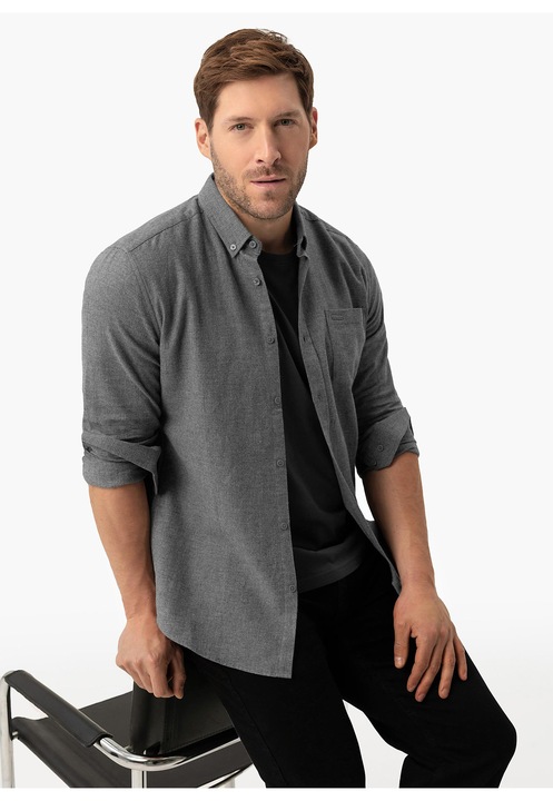 Camasa barbati din bumbac, maneci lungi, slim fit, buzunar pe piept, guler fixat cu nasturi, Volcano K-Belanos, gri melange, Gri melange