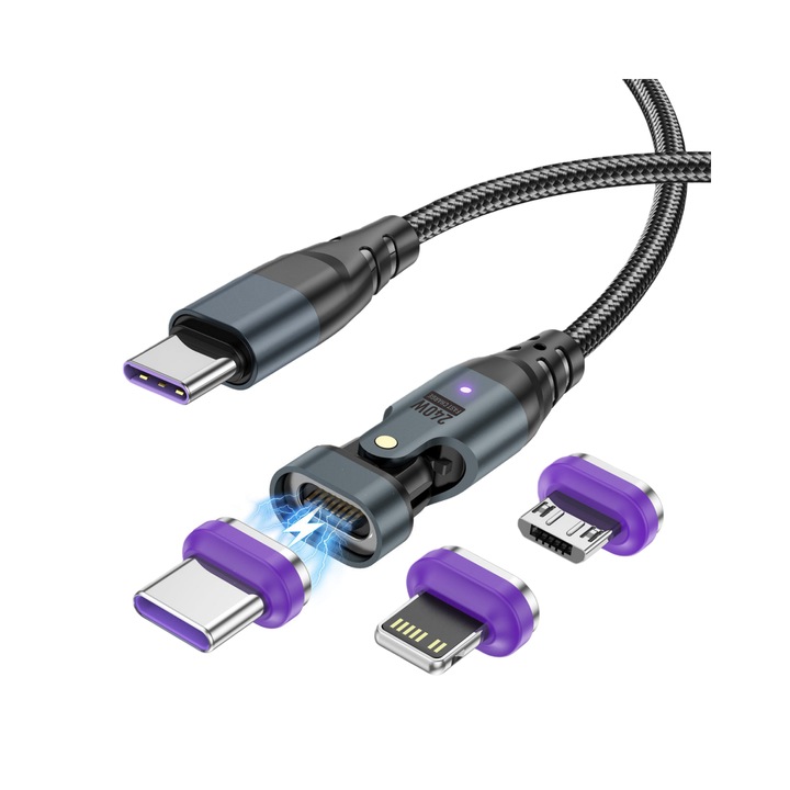 Cablu de incarcare USB-C, 240W magnetic 16 pini 180 degree, 3 in 1 tip Lightning, USB-C, Micro USB, Super Fast Charging, PD power 48V 5A, Lunniquee®, 1 metri