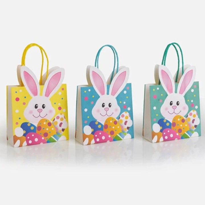 Set Pungi Cadou Paste ANTBRO®, 3 buc, Model Iepuras Colorat, Pungi Decorative pentru Cadouri Copii, Dulciuri si Surprize, Manere Rezistente, 12.7 x 12.7 x 5 cm