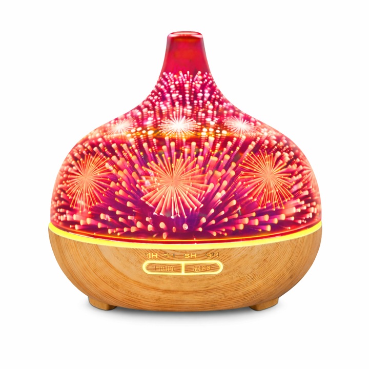 Difuzor aromaterapie 3D RAZO, Ultrasunete, Umidificator 500 ml, LED 7 culori, Telecomanda, Model Artificii, Finisaj lemn deschis, Maro deschis