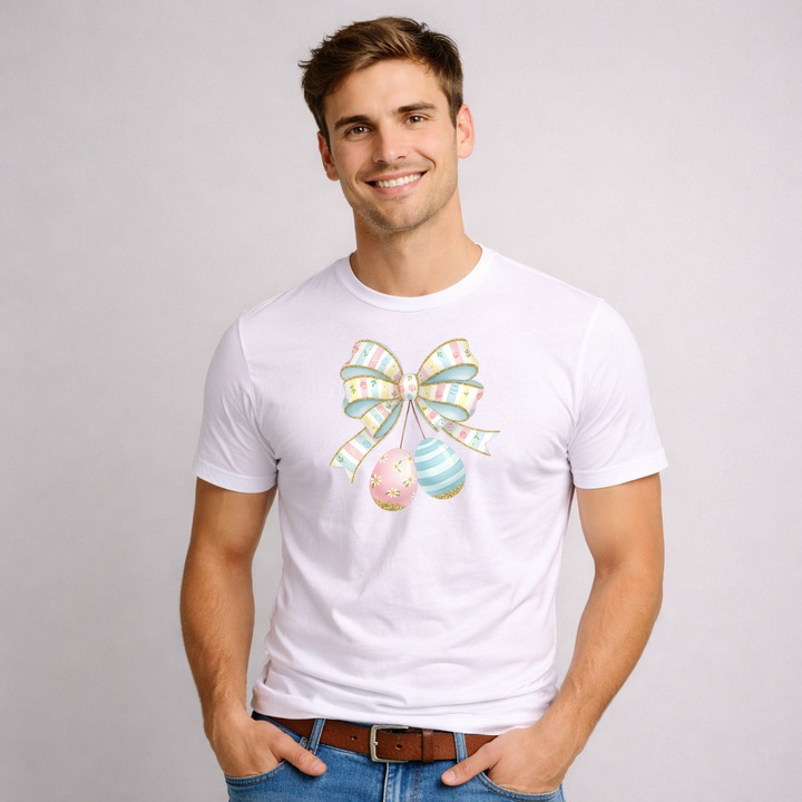 Tricou Paste Fundita Alba Pastel Cu Oua Decorative Cute, Barbati, 100% Bumbac, Cri-Flo, Cadou Aniversare Evenimente, Culoare Alb, Marime S