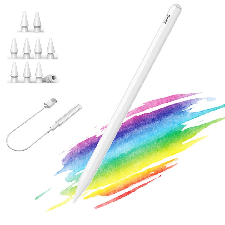 Stilou tactil Apple Pencil pentru iPad 2018-2025, incarcare rapida, palm rejection, senzor de inclinare, magnetic, compatibil iPad 11/10/9/8/7/6, iPad Pro M4 12.9"/11"/13", iPad Air 3/4/5 M2/M3, iPad mini 7/6/5, 10 varfuri