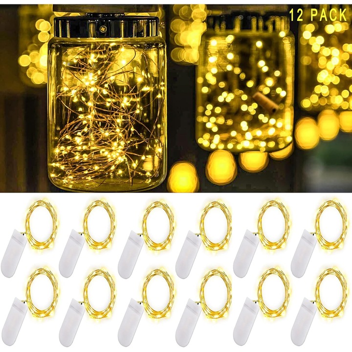 12 PACHET Micro LED Fairy Lights, alimentate prin baterie, 20 de LED-uri, lumini mici pentru dormitor, fir de cupru pentru decorarea casei
