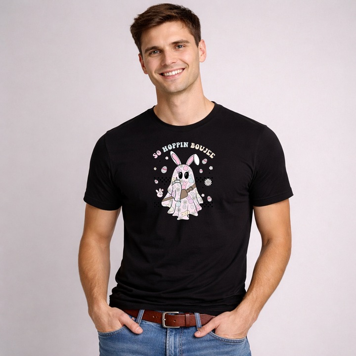 Tricou Paste Ghost Bunny So Hoppy Youre Here Funny Meme, Barbati, 100% Bumbac, Cri-Flo, Cadou Aniversare Evenimente, Culoare Negru, Marime M