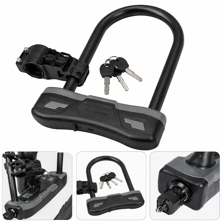 Antifurt bicicleta Crivit U-LOCK, constructie solida, Bara de 14mm, 2chei, rezistenta la taiere, fortare sau indoire, suport cadru, Protectie anti-praf pentru cilindrul de blocare