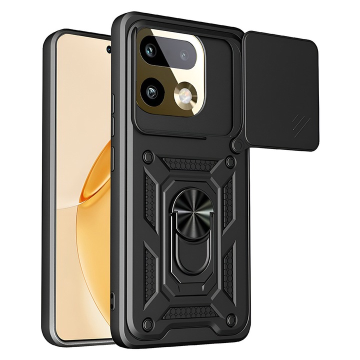 Husa pentru Realme 16 Pro Plus cu inel rotativ 360 Daden, Camshield series, Hybrid Antisoc, Slider pentru protectia camerei, Negru