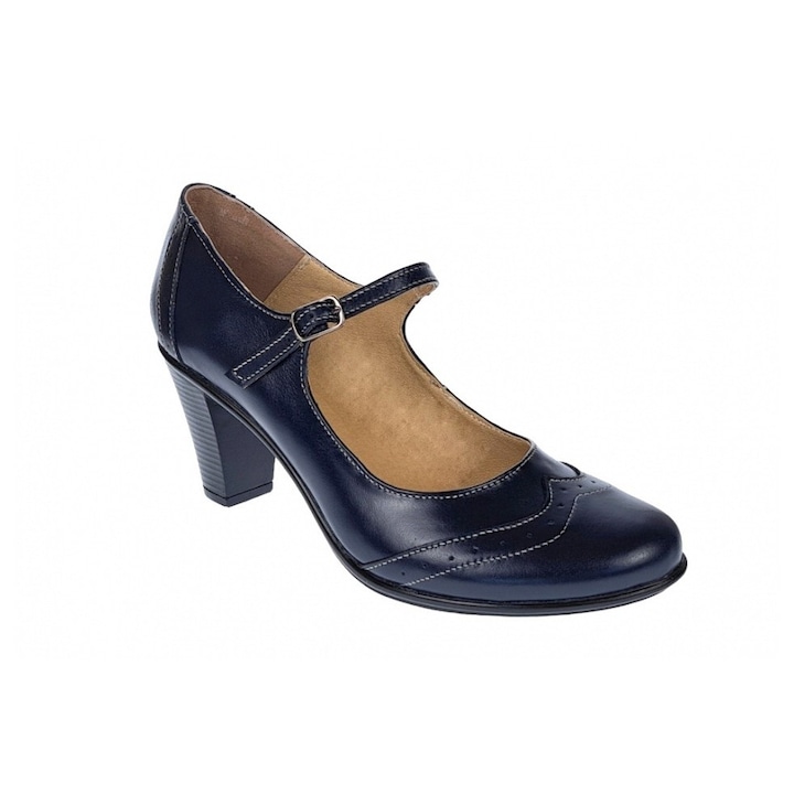 Pantofi dama eleganti din piele naturala cu toc mic si bareta 200322, Bleumarin
