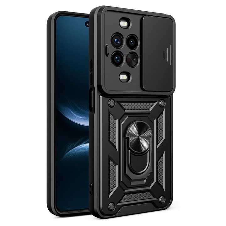 Husa pentru Huawei nova 14 Pro Ring Armor Kickstand Tough Rugged Cover cu protectie camera, negru