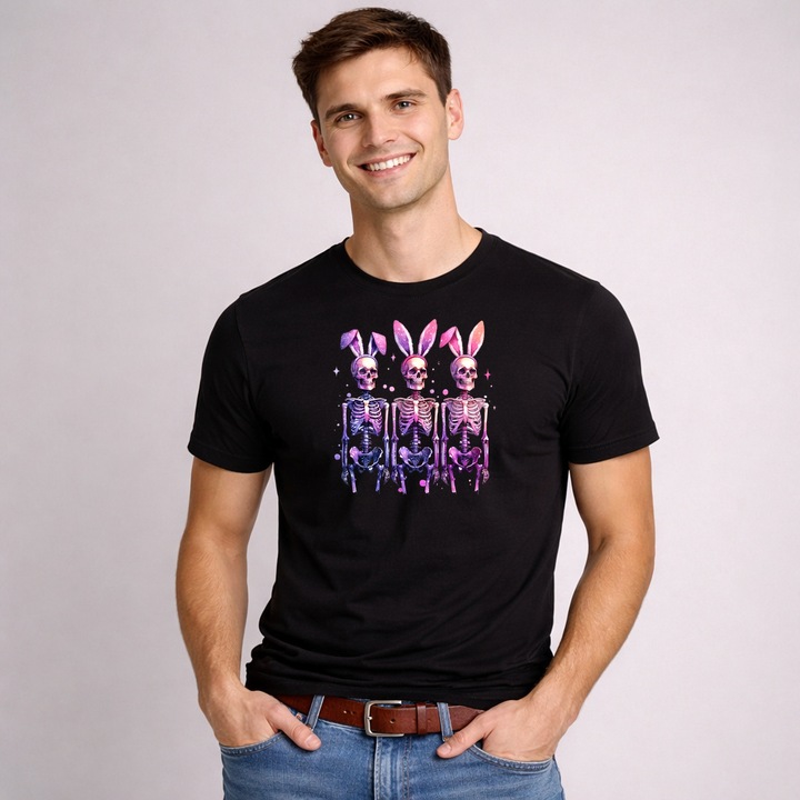 Tricou Paste Schelete Iepuras Pastel Trio Funny Dark Easter, Barbati, 100% Bumbac, Cri-Flo, Cadou Aniversare Evenimente, Culoare Negru, Marime XL