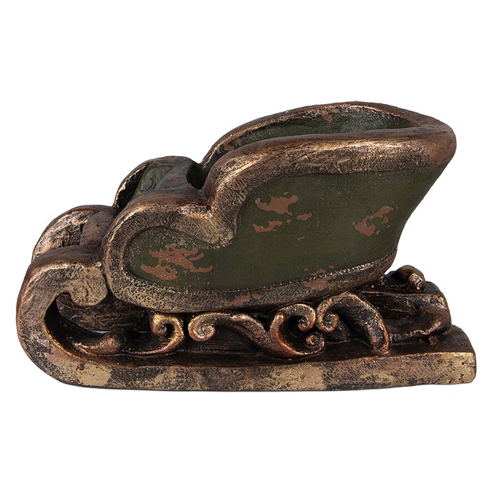 Karácsonyi dekoratív szánkó, kerámia, zöld-barna, 35x23x21 cm