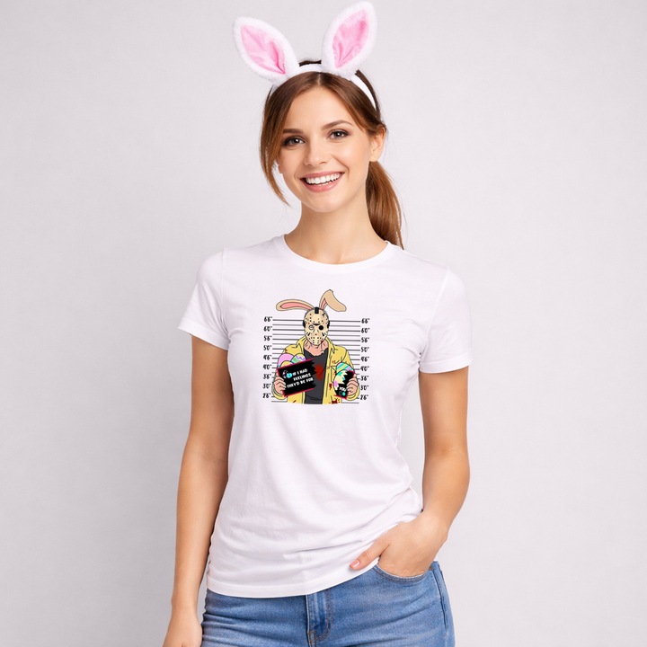 Tricou Paste Bunny Horror Mugshot Funny Easter Parody Style, Dama, 100% Bumbac, Cri-Flo, Cadou Aniversare Evenimente, Culoare Alb, Marime 2XL