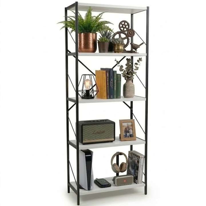 Etajera cu 5 rafturi depozitare FiGGA®, Metal + MDF, 150 cm x 60 cm x 30 cm, potrivita pentru baie, carti, pantofi, incaltaminte, papuci, jucarii, biblioteca, in camara, debara sau dressing, Negru/Pin