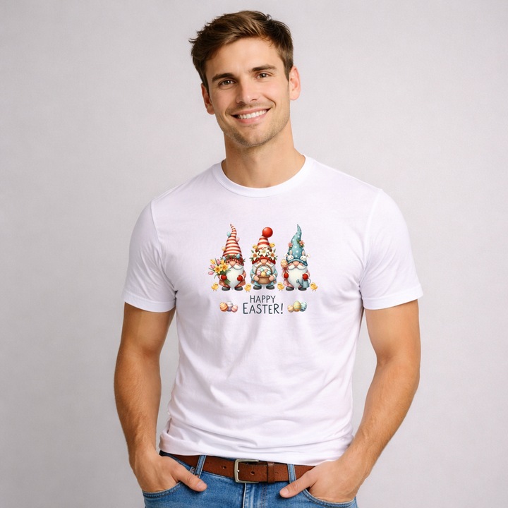 Tricou Paste Set Gnomi Easter Cu Oua Colorate Decor Cute, Barbati, 100% Bumbac, Cri-Flo, Cadou Aniversare Evenimente, Culoare Alb, Marime 3XL