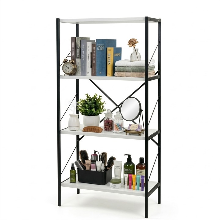 Етажерка с 4 рафта за съхранение FiGGA®, Метал + MDF, 120 см x 55 см x 25 см, подходяща за баня, книги, обувки, пантофи, играчки, библиотека, в килер, склад или гардеробна, Черно/Бяло