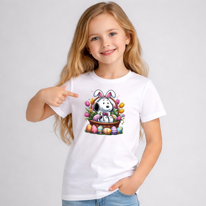 Tricou Paste Snoopy Paste Cos Oua Colorate Floral V2, Copii, 100% Bumbac, Cri-Flo, Cadou Aniversare Evenimente, Culoare Alb, Marime 7-8 ani, 134 CM