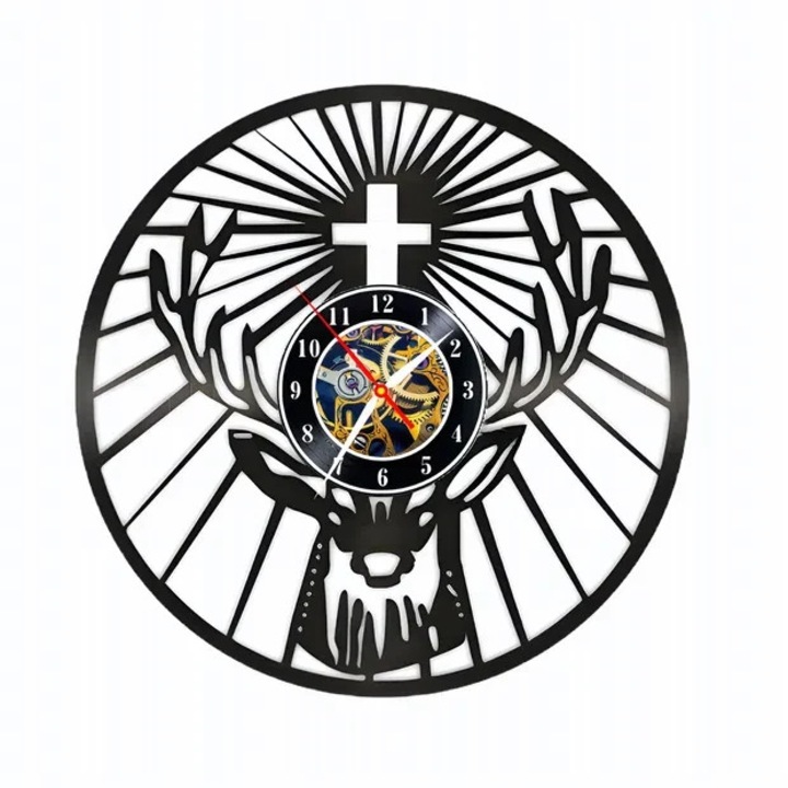 Dekoratív falióra "Fenséges Szarvas", bakelitlemezből (Vinyl Record) készült, Kézzel készített, Természet és Vadászat Design