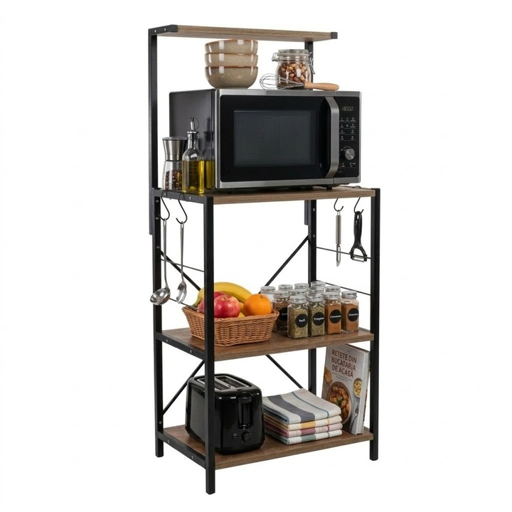 Raft de bucatarie, spatiu cuptor cu microunde, 4 rafturi, 132 cm x 60 cm x 40 cm, etajera Metal + MDF, Negru/Pin
