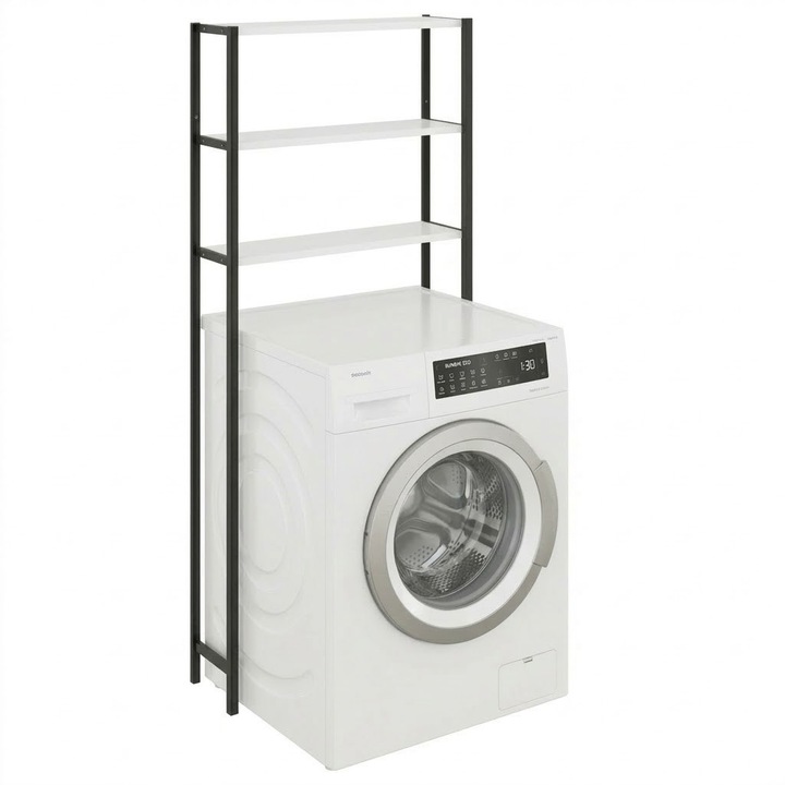 Etajera pentru Masina de Spalat cu 3 polite, 150cm x 69cm x 20cm, Metal + MDF, Organizator Multifunctional pentru Baie, Spatii Inguste, Ideal pentru prosoape sau produse de igiena, Negru/Alb