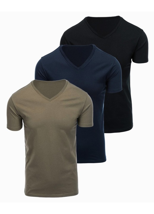 Set de tricouri BASIC din bumbac OMBRE OM-TSBS-0281, Negru/Albastru inchis/Kaki, S