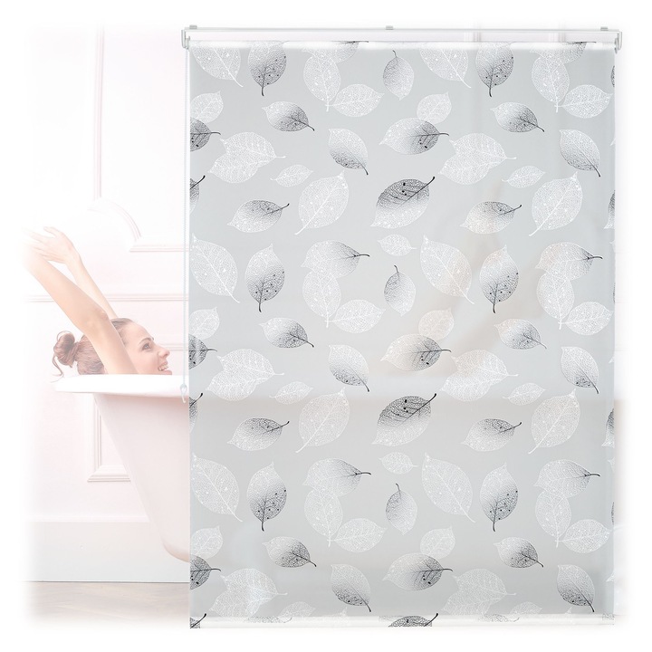 Ролетна щора за душ Relaxdays, 120 x 240 см, от пластмаса/PVC, ширина на материала 116 см, модерен дизайн с листа, сива
