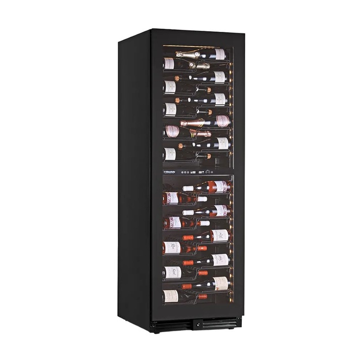 Racitor de vin incorporabil premium cu 2 zone de racire KlimaItalia, 116 sticle, 60x180 cm, 10 rafturi metalice zig-zag, tehnologie compresor, racire ventilata, temperatura reglabila 2-12°/12-20°C, protectie UV, dezghetare auto, rafturi culisante, negru