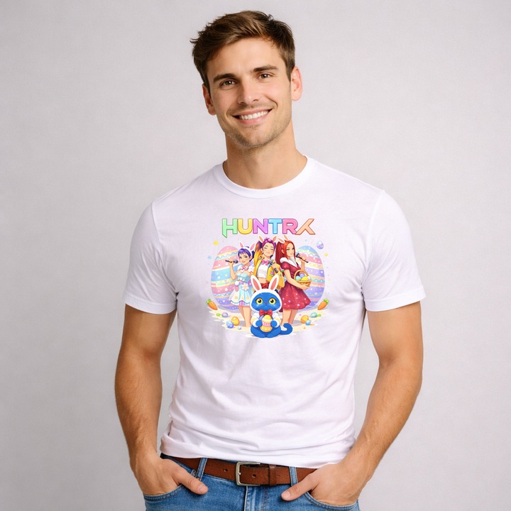 Tricou Paste Huntrix Kpop Easter Grup Cu Mascota Cute, Barbati, 100% Bumbac, Cri-Flo, Cadou Aniversare Evenimente, Culoare Alb, Marime 2XL