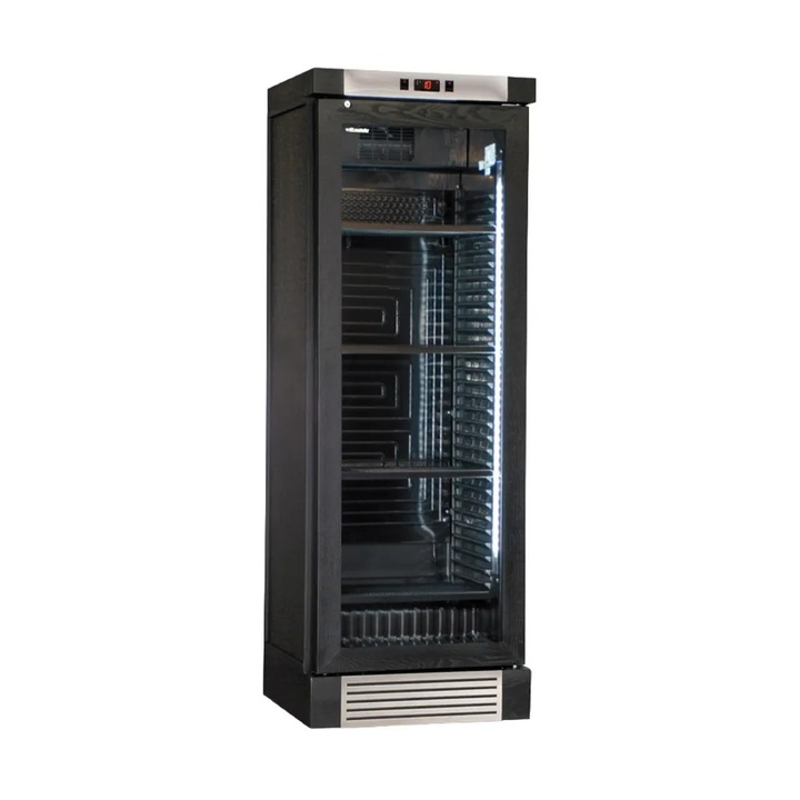 Racitor de vin premium din lemn masiv KlimaItalia, 126 sticle, colectie Wood, 65x188 cm, 5 rafturi metalice, tehnologie cu compresor, temperatura ventilatie 4-18°C, 3 zone mentinere la rece 5/10/16°C, protectie UV, dezghetare automata/manuala, negru