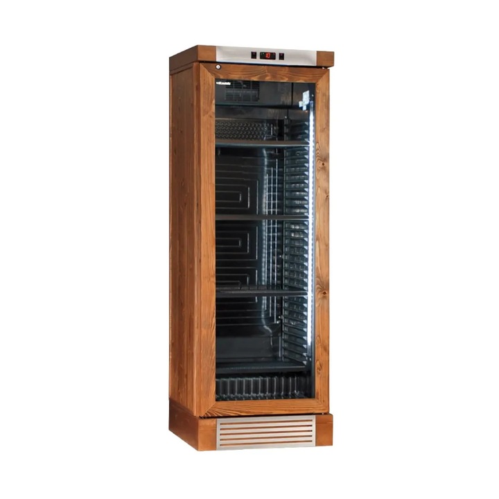 Racitor de vin premium din lemn masiv KlimaItalia, 126 sticle, colectie Wood, 65x188 cm, 5 rafturi metalice, tehnologie cu compresor, temperatura ventilatie 4-18°C, 3 zone mentinere la rece 5/10/16°C, protectie UV, dezghetare automata/manuala, lemn de nuc