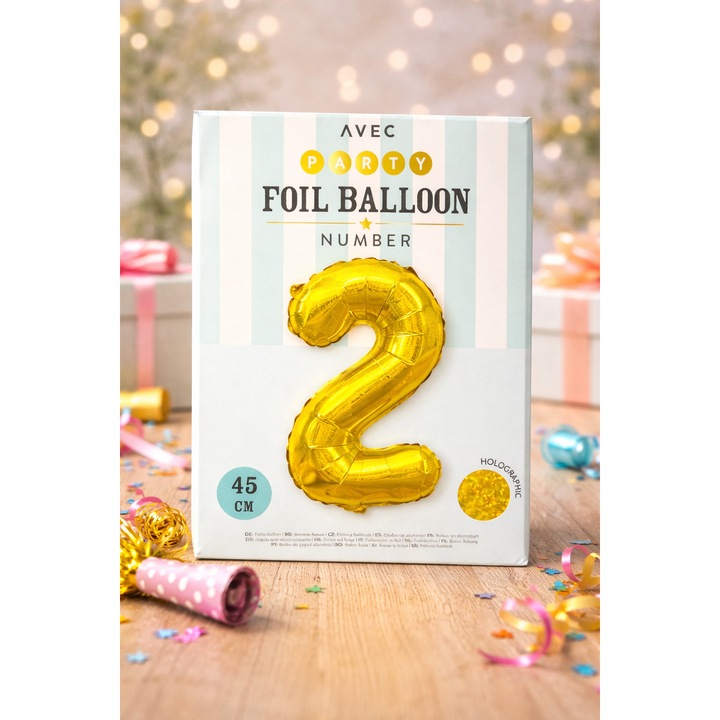 Balon folie cifra 2 auriu, 45 cm, decor petrecere aniversare, heliu sau aer