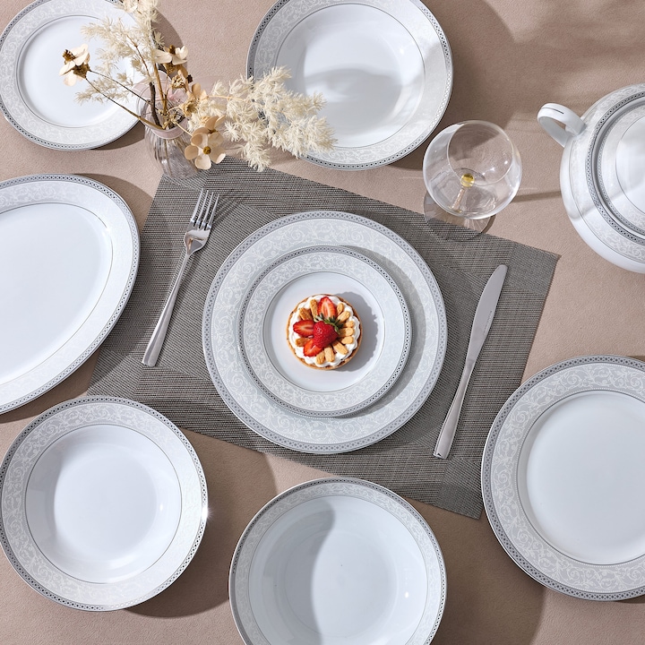 Serviciu de Masa 6 persoane Royal Medallion din Portelan Premium, 18 Piese, Design Floral cu Bordura Geometrica Argintie