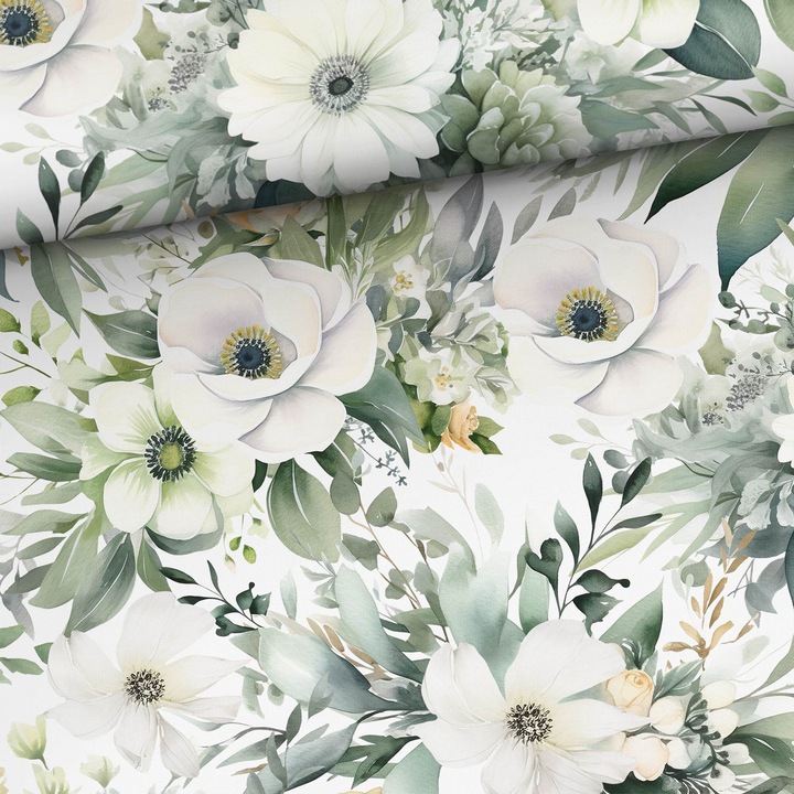 Material textil, Bumbac imprimat Anemone albe, bumbac 100%