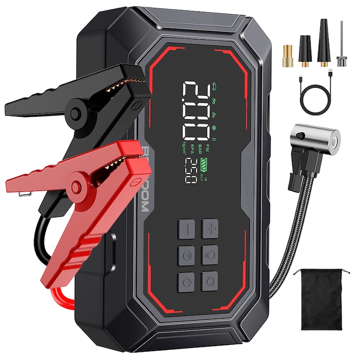 Starter auto portabil cu Compressor Multifunctional，Redresor auto BSMOOM N9, 8000A, portabil, cu flashlight 3 moduri，150PSI，Baterie 12V, Incarcare Rapida, Afisaj LED – pentru Benzina/Diesel，Starter Baterie, Power Bank，Portabil，negru