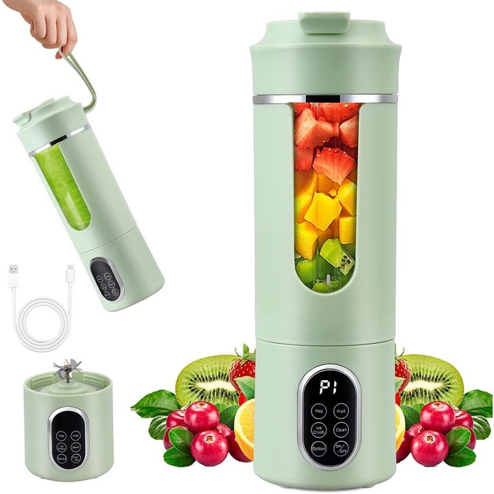 Hordozható Turmixgép, 4 mód, 12 acél penge, 530ml, 20000 ford/perc, 30 használat töltésenként, USB-C, Zöld