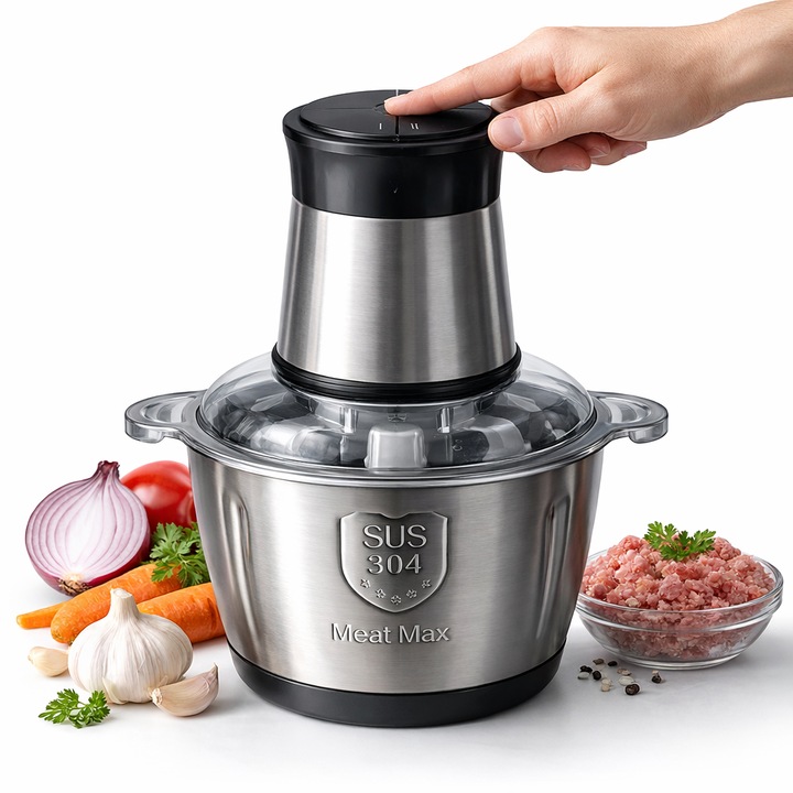 Tocator Electric Multifunctional – Carne & Legume 2L IdealTI®, 1200W, 4 Lame Inox, 2 Viteze, Bol Inox, Blocare Siguranta