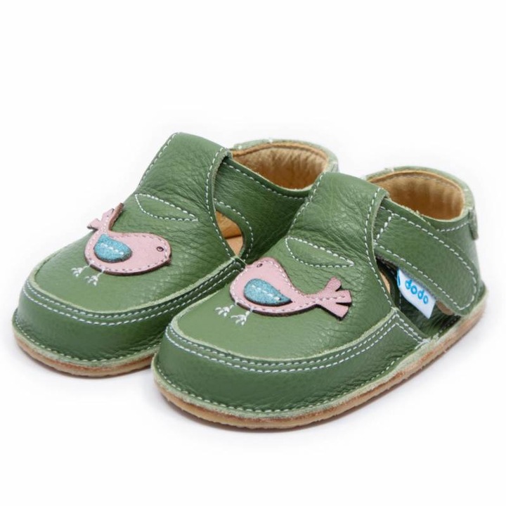 Pantofi copii, Dodo Shoes, Vrabiuta, verde, piele naturala, talpa flexibila, marimea 21, Verde