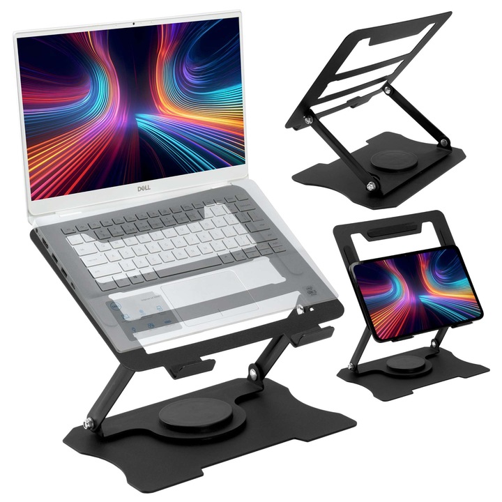 Suport laptop rotativ metalic, pentru dispozitive de pana la 17", inaltime, unghi ajustabile, negru