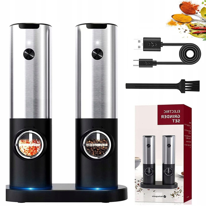 Set 2 mlynki electrice pentru sare si piper, negru, 70ml, 165x73x196mm