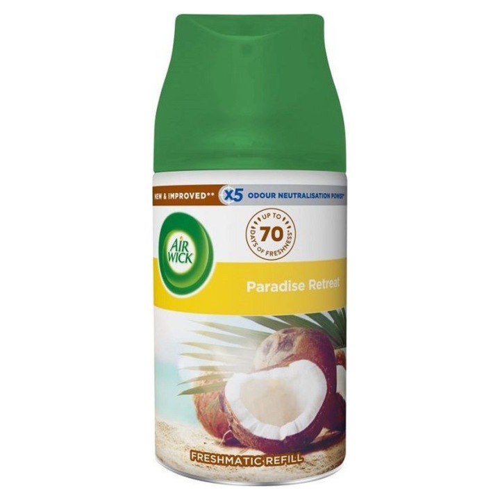 Reincarcare odorizant camera Air Wick Paradise Retreat, 250 ml, parfum cocos, actiune 70 zile