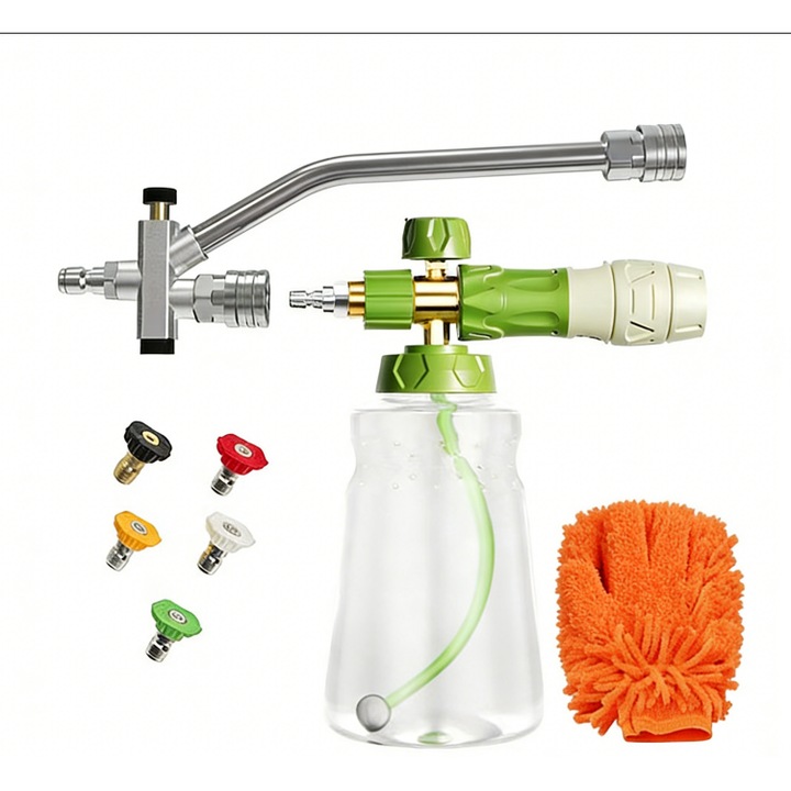Set accesorii spalare cu presiune, Omelivon, lance cu duza dubla, 5 duze interschimbabile, 3600 PSI, 1x rezervor detergent, 1000 ml