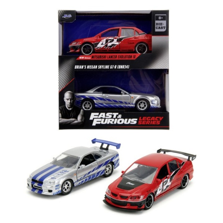 Set modele auto Rychle a zbesile 2006 Mitsubishi Lancer Evo IX + 2002 Nissan Skyline GTR, multicolor, 13cm