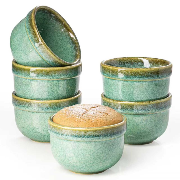 Set de 6 ramekin-6 oz, rezistente la cuptor, pentru crème brûlée si sufleuri – Set de 6 boluri ceramice pentru copt pentru budinca, smantana, inghetata, sufleuri, sosuri si aperitive