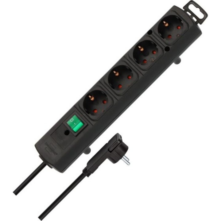 Разклонител Comfort Line с ключ, 4-конт. черен 2m 3G1, 5 плосък щепсел, монтаж на стена