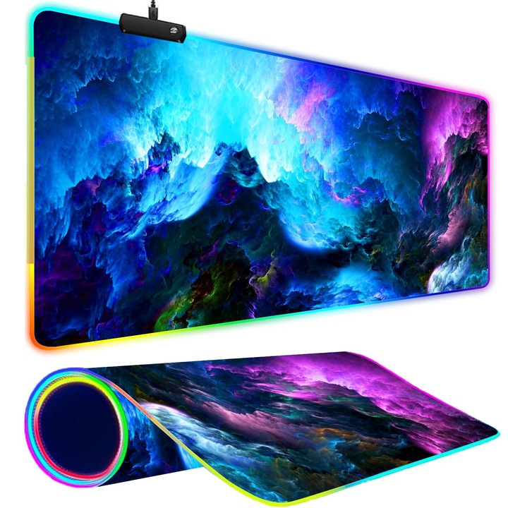 Mousepad gaming, 31.5x11.8 in, 14 moduri de iluminare, anti-alunecare, rezistent la rupere, stil Calea Lactee