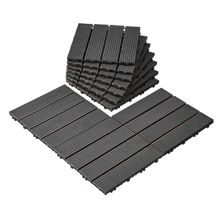 Set 10 Placi pentru Terasa Teno®, tip mozaic din lemn, durabile, prindere prin imbinare, PVC, 30 x 30 cm, gri inchis